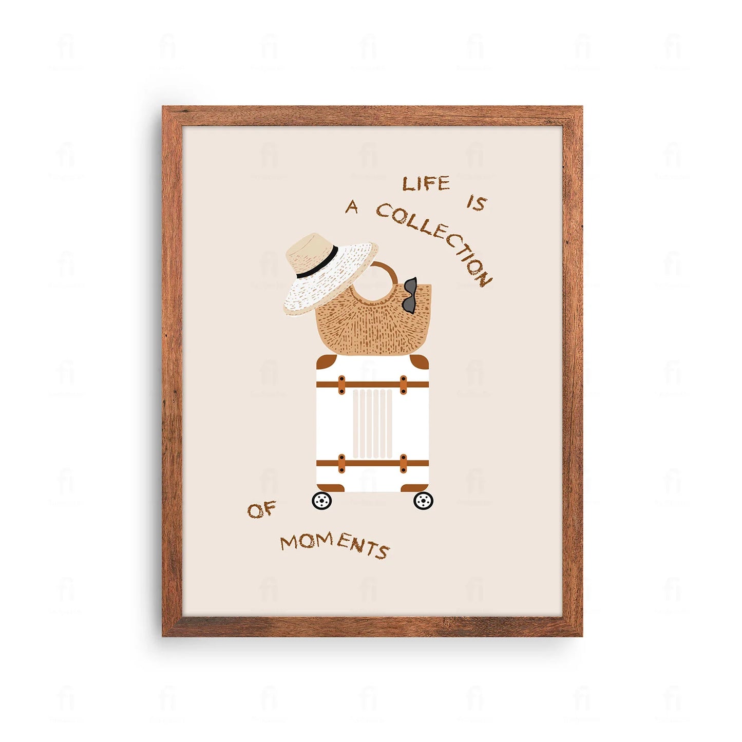 Plakat z grafiką przedstawiającą aparat fotograficzny w stylu retro i napis "Kolekcjonuj chwile, nie rzeczy".