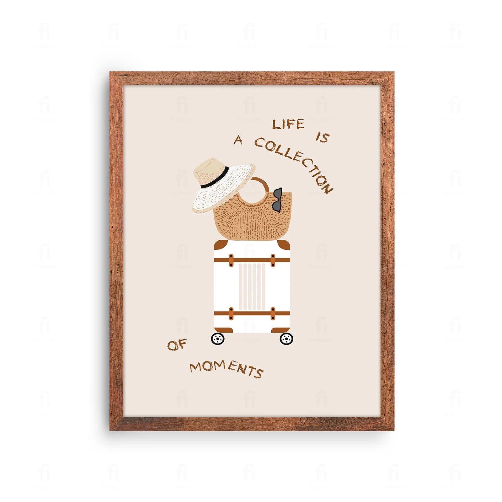 Plakat z grafiką przedstawiającą aparat fotograficzny w stylu retro i napis "Kolekcjonuj chwile, nie rzeczy".