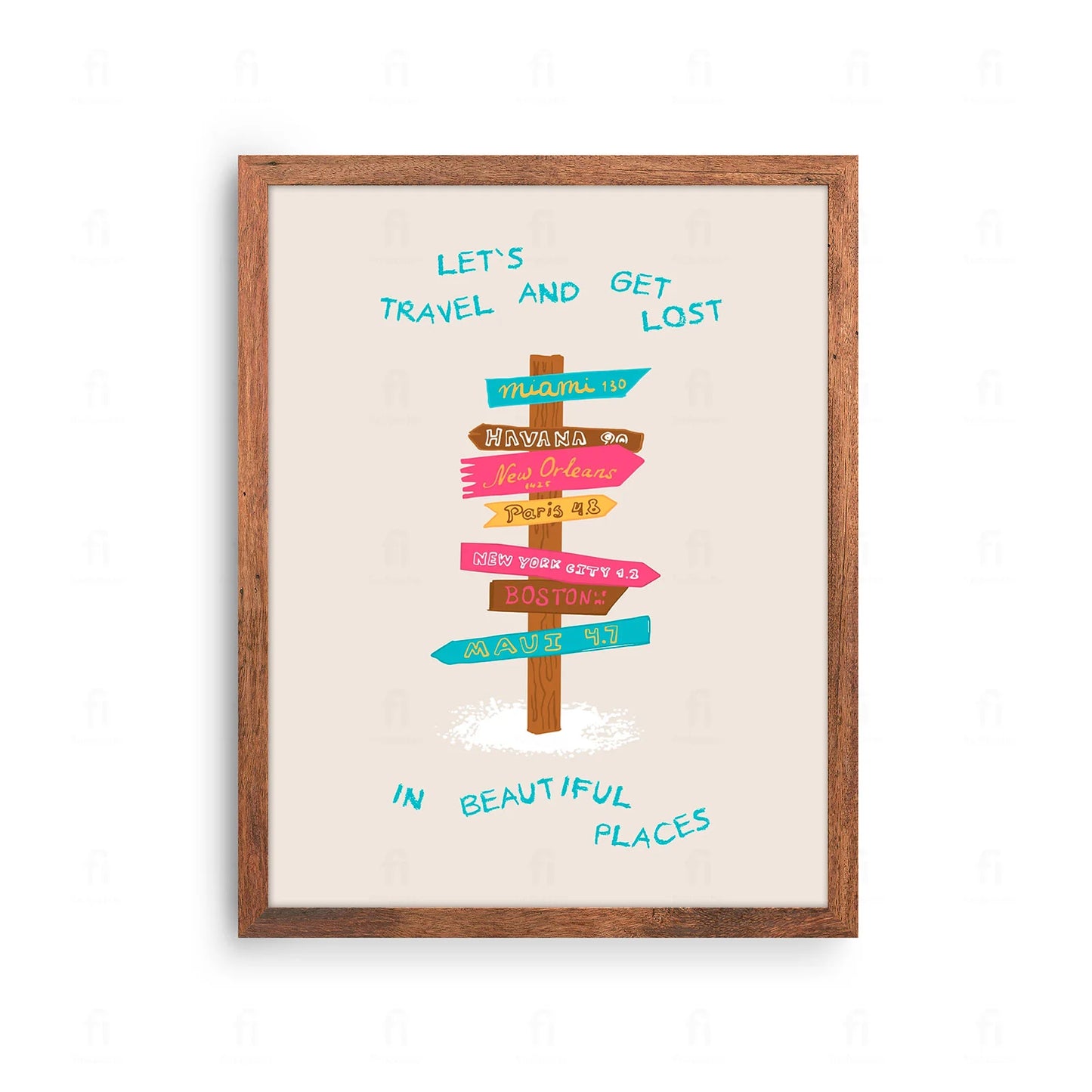 Plakat z kolorową grafiką i typografią z napisem "Podróżujmy".
