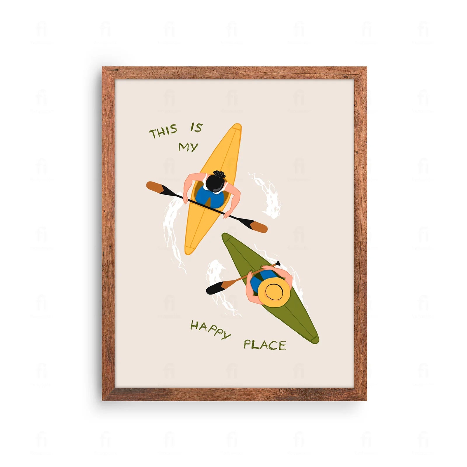 Plakat z grafiką przedstawiającą kajak na spokojnym jeziorze i napisem "To jest moje szczęśliwe miejsce".