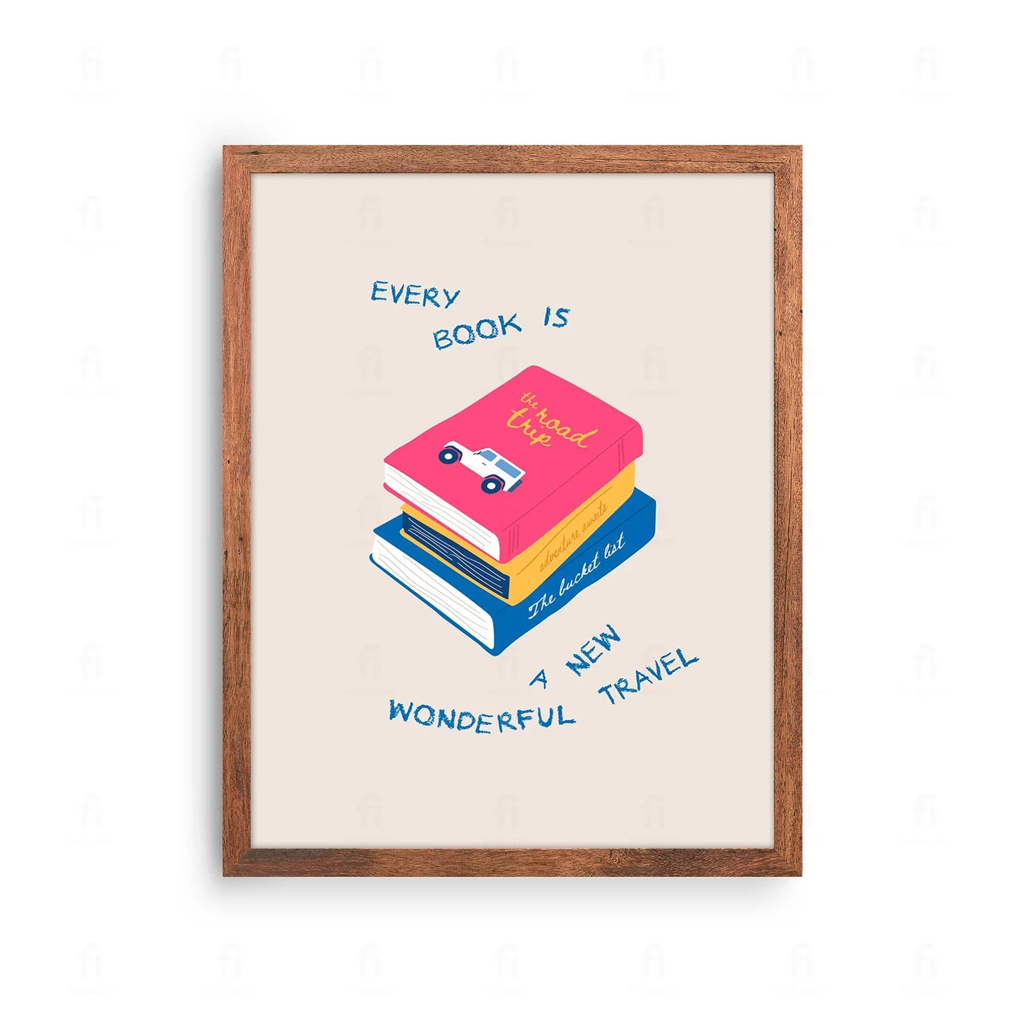 Plakat z inspirującą grafiką przedstawiającą książkę i napis "Każda książka to podróż".
