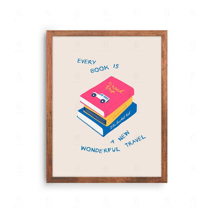 Plakat z inspirującą grafiką przedstawiającą książkę i napis "Każda książka to podróż".
