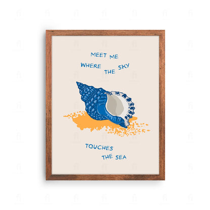 Plakat z artystyczną grafiką przedstawiającą wieloryba w oceanie i napisem "Gdzie niebo dotyka morza".