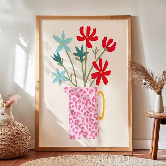 Plakat Kolorowe Kwiaty – Różowy Dzbanek W Panterkę