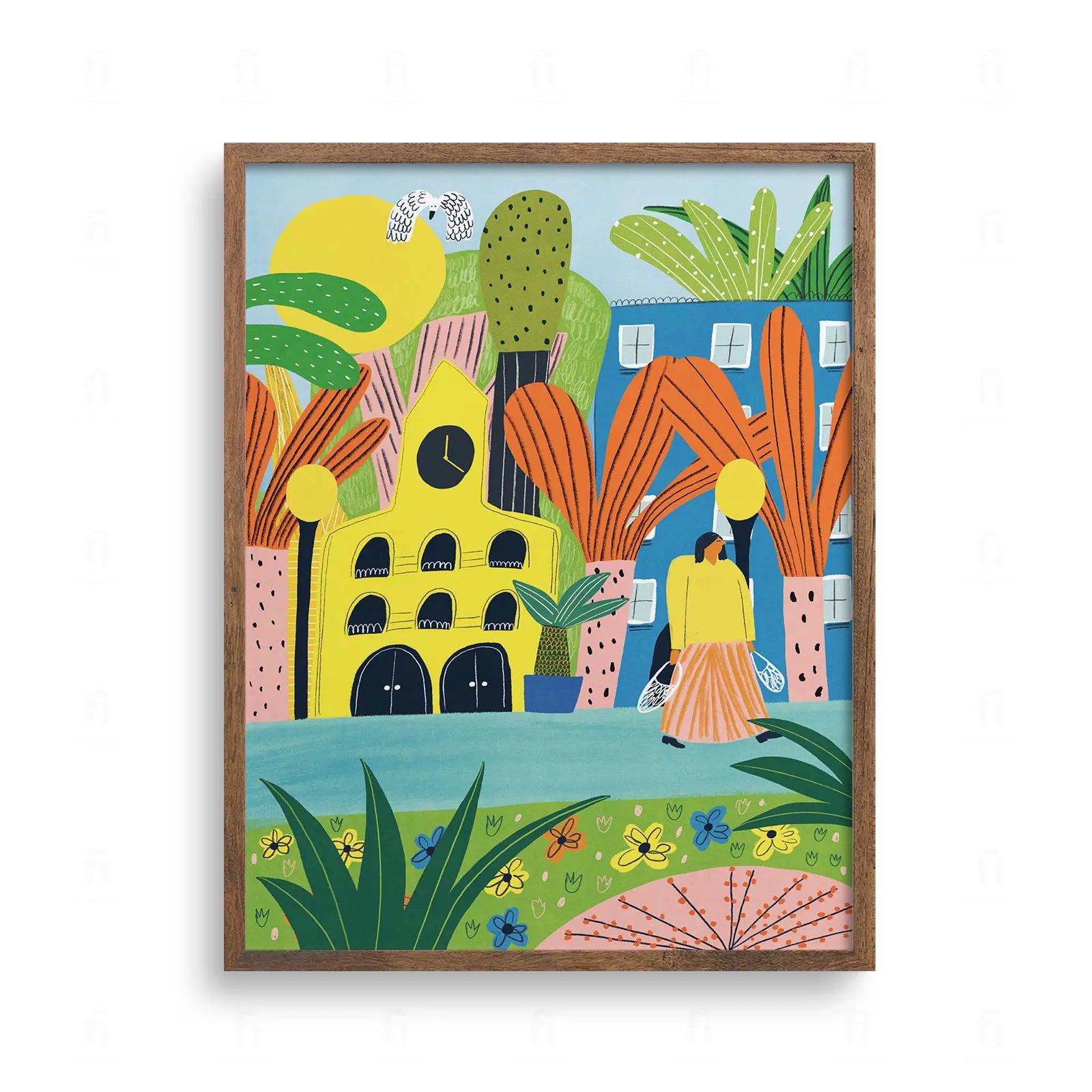 Kolorowa ilustracja miasta z żółtym budynkiem i niebieską kamienicą. Styl naiwny, kobieta na spacerze, roślinność.