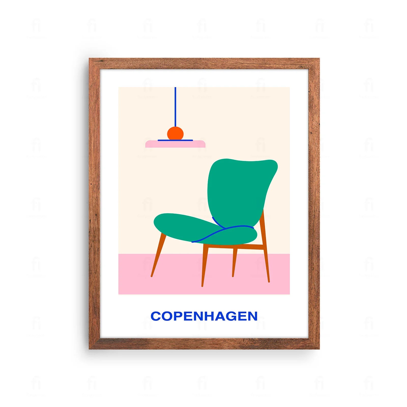 Plakat z minimalistyczną grafiką z napisem "Copenhagen" i designerskim krzesłem.
