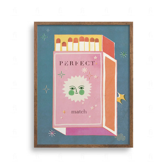 Różowy plakat z pudełkiem zapałek i napisem Perfect Match. Na pudełku słońce z twarzą, styl vintage.