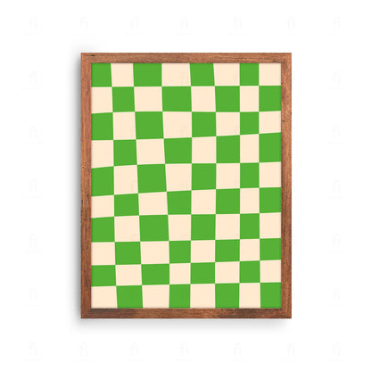 Plakat z minimalistyczną, abstrakcyjną grafiką przedstawiającą wzór zielonej kratki.
