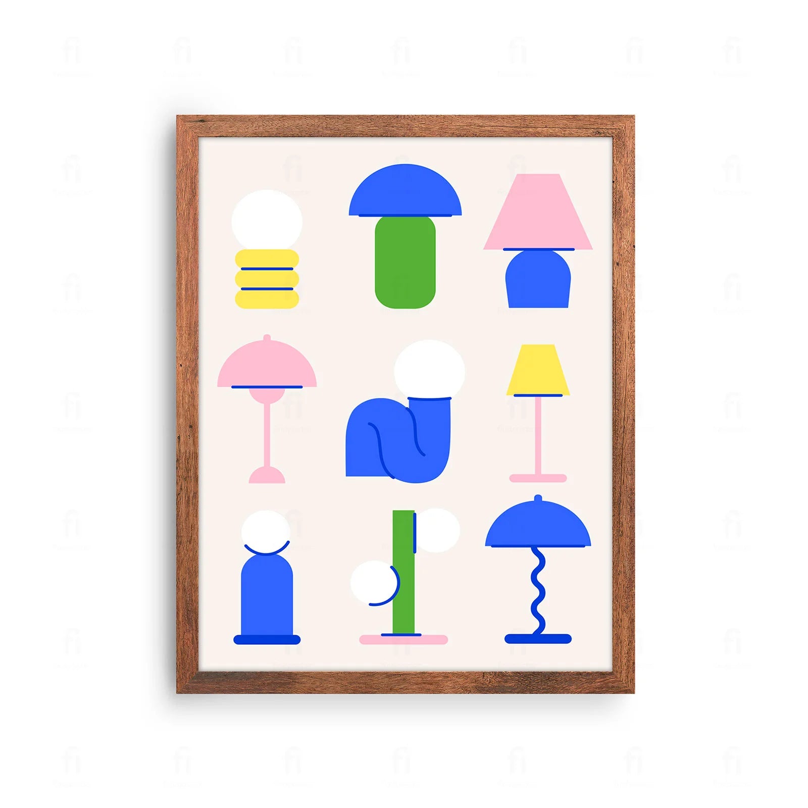 Plakat z artystyczną grafiką przedstawiającą kompozycję różnych lamp w stylu skandynawskim.

