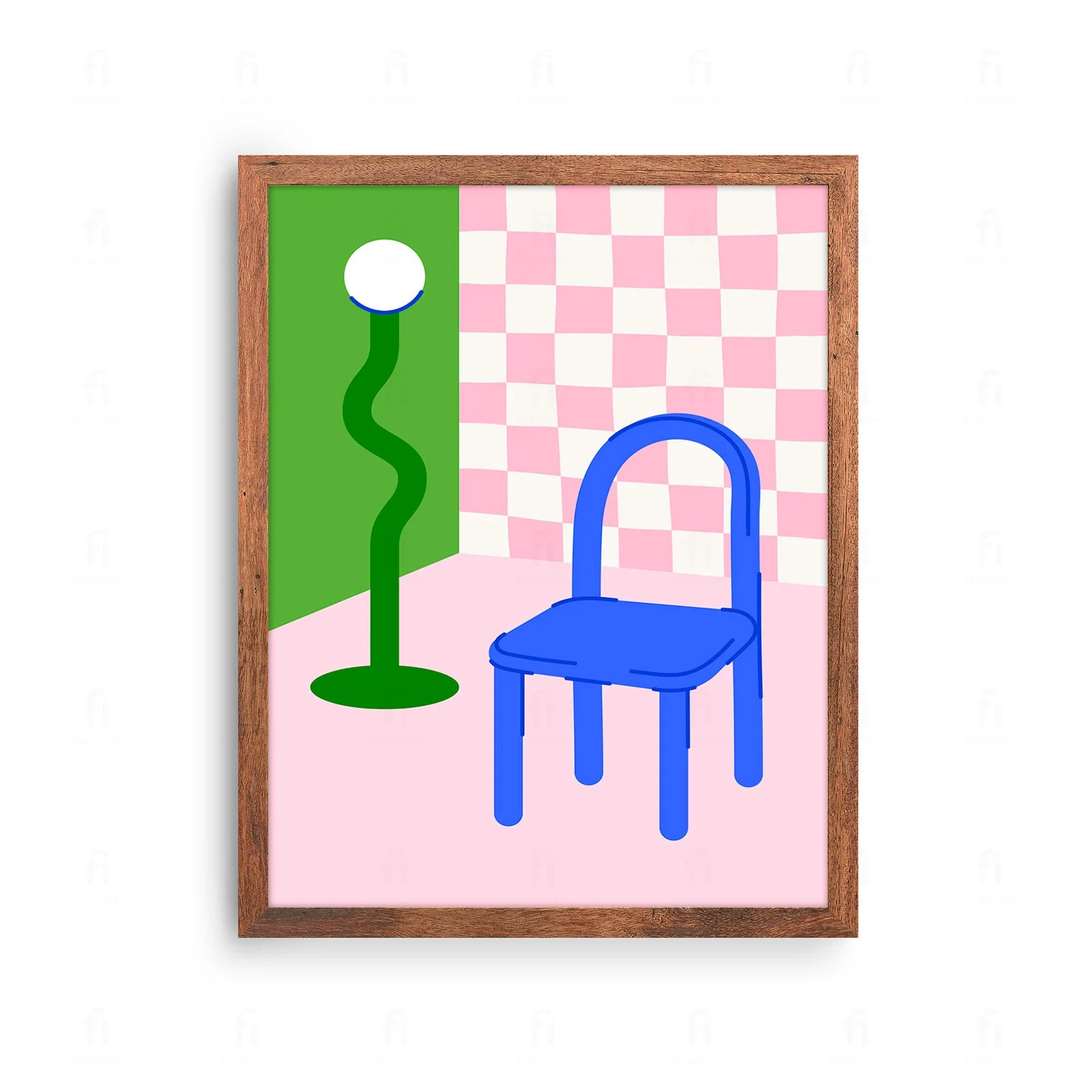 Plakat z minimalistyczną grafiką przedstawiającą designerskie krzesło i lampę podłogową w stylu skandynawskim.
