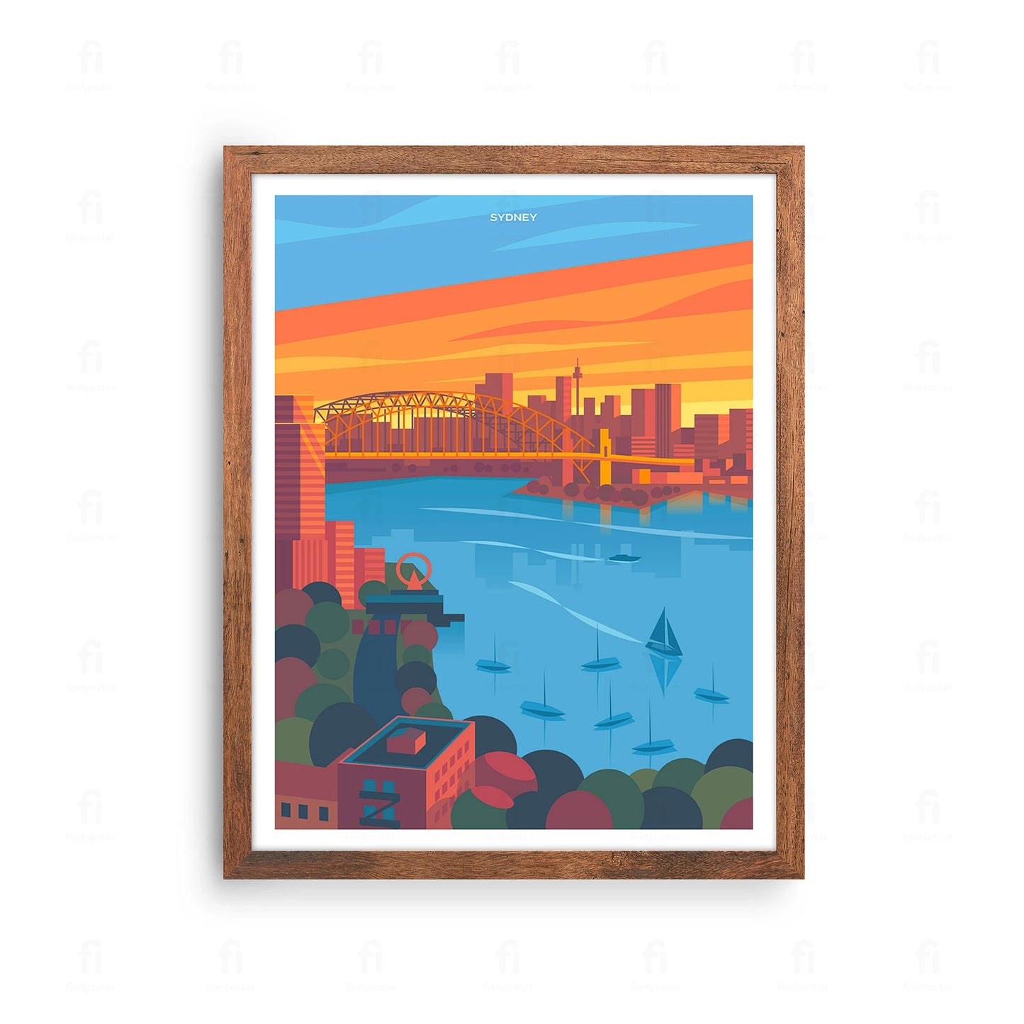 Plakat z artystyczną grafiką przedstawiającą budynek Opery w Sydney, Australia.
