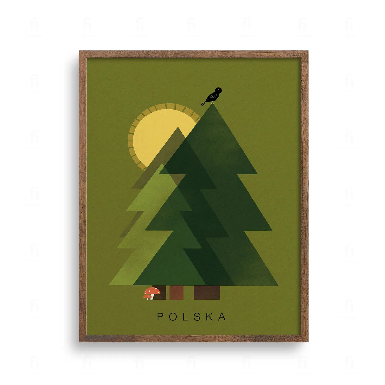 Plakat z napisem POLSKA, minimalistyczna ilustracja zielonych choinek, słońca i ptaszka. Grafika w stylu vintage.