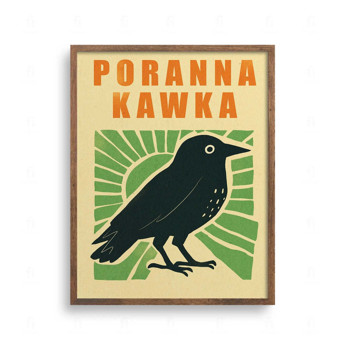 Plakat z czarnym ptakiem (kawką) i napisem Poranna Kawka. Żółte tło, grafika w stylu linorytu do kuchni.