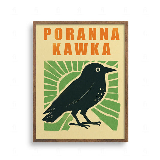 Plakat z czarnym ptakiem (kawką) i napisem Poranna Kawka. Żółte tło, grafika w stylu linorytu do kuchni.