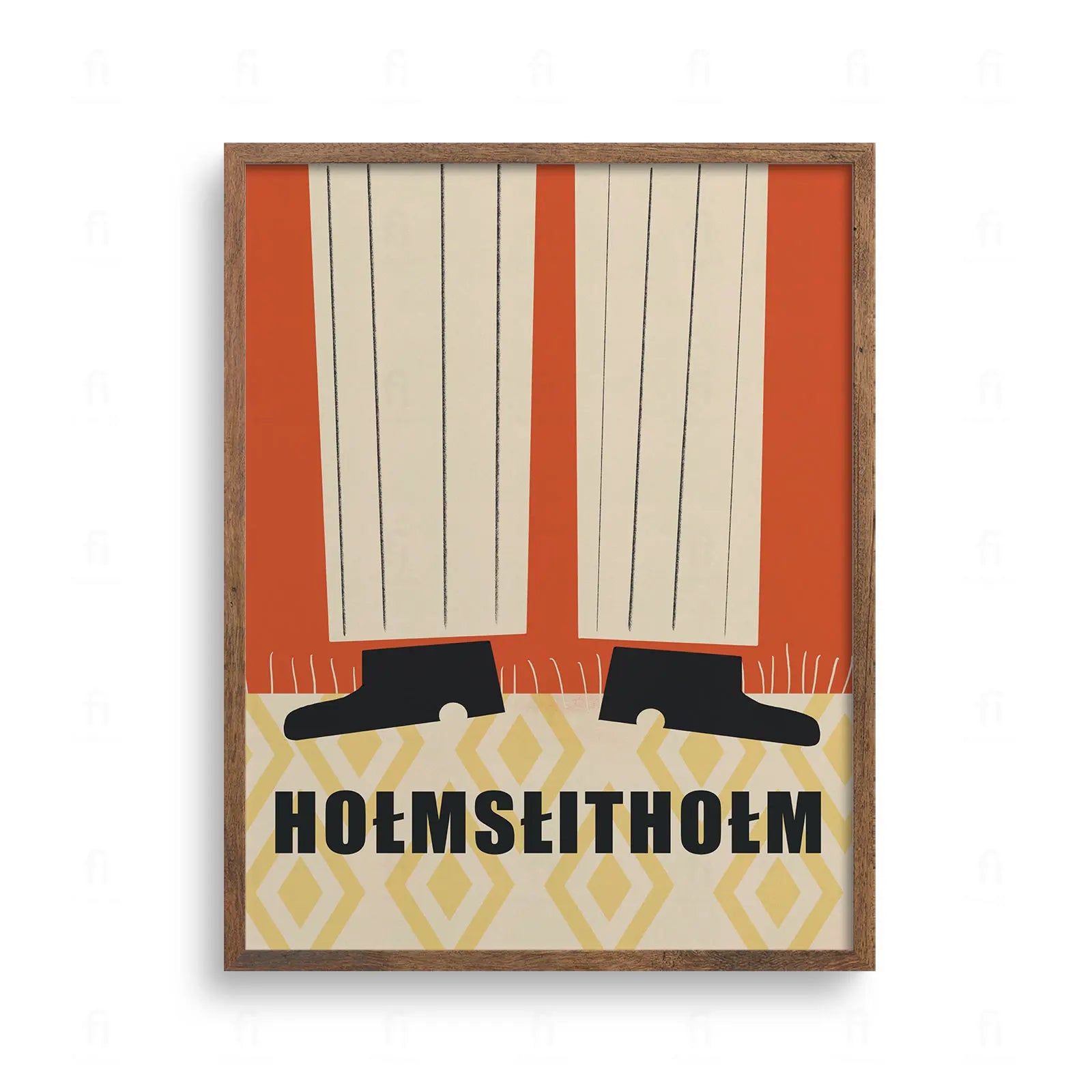 Plakat z napisem HOŁMSŁITHOŁM i ilustracją nóg w kapciach na dywanie. Fonetyczny zapis Home Sweet Home.