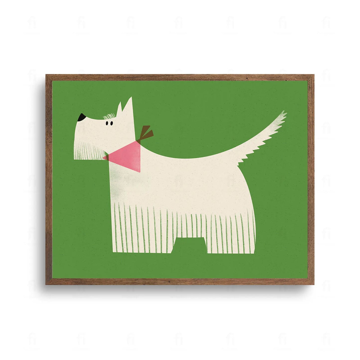 Plakat z białym psem rasy sznaucer na zielonym tle. Minimalistyczna ilustracja psa z różową chustką, tekstura ziarna.