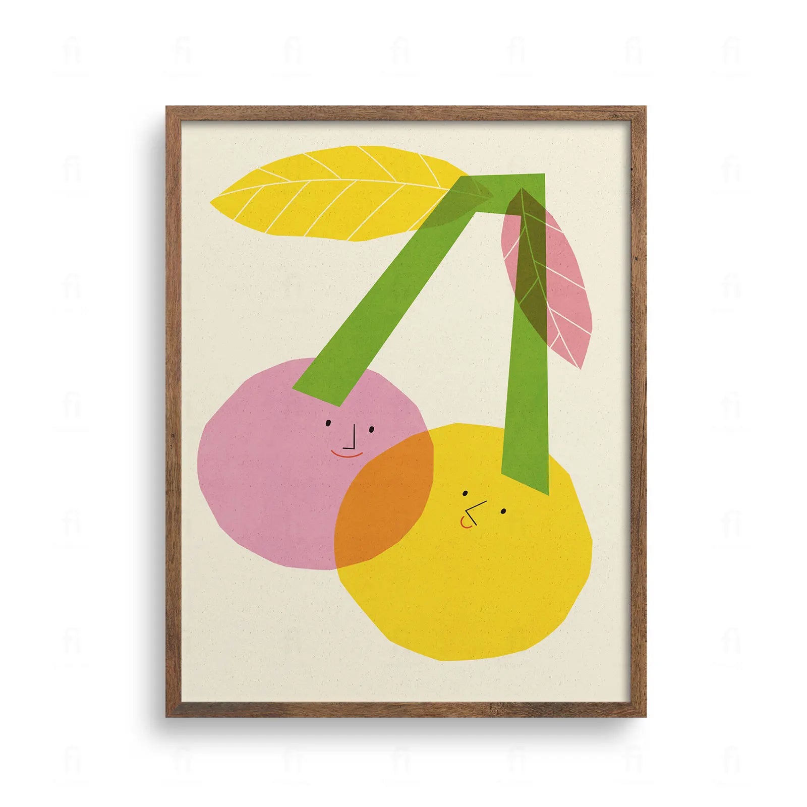 Plakat z dwiema wisienkami z twarzami, różowa i żółta wisienka, ilustracja owoców do kuchni lub pokoju dziecka.