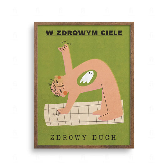 Plakat o jodze z napisem W zdrowym ciele zdrowy duch. Ilustracja osoby ćwiczącej z duszkiem w brzuchu. Zielone tło.