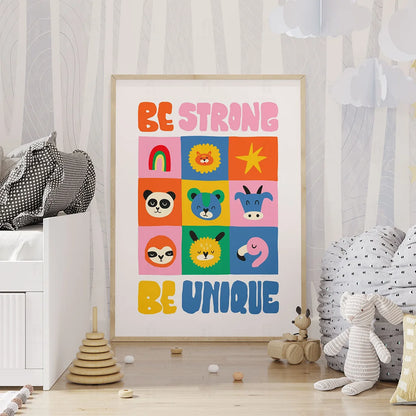 Plakat "Bądź Silny, Bądź Unikalny" - Inspirująca Grafika dla Dzieci