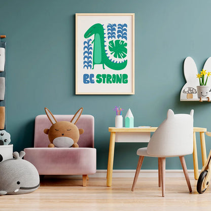 Plakat "Bądź Silny" - Inspirująca Grafika z Dinozaurem