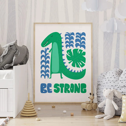 Plakat "Bądź Silny" - Inspirująca Grafika z Dinozaurem