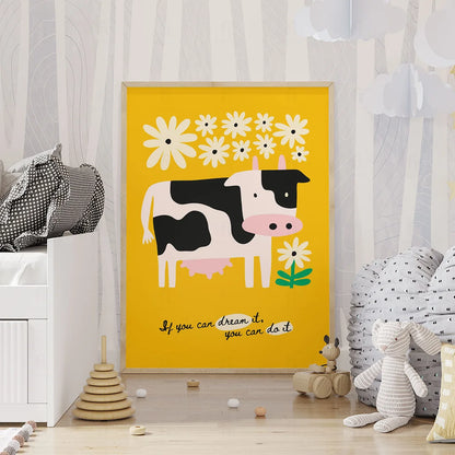 Plakat "Mleczna Inspiracja" - Grafika z Krową i Pozytywnym Przesłaniem