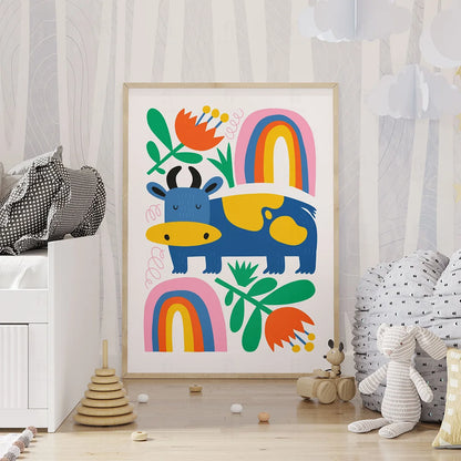 Plakat "Tęczowe Marzenia" - Grafika z Krówką i Tęczą