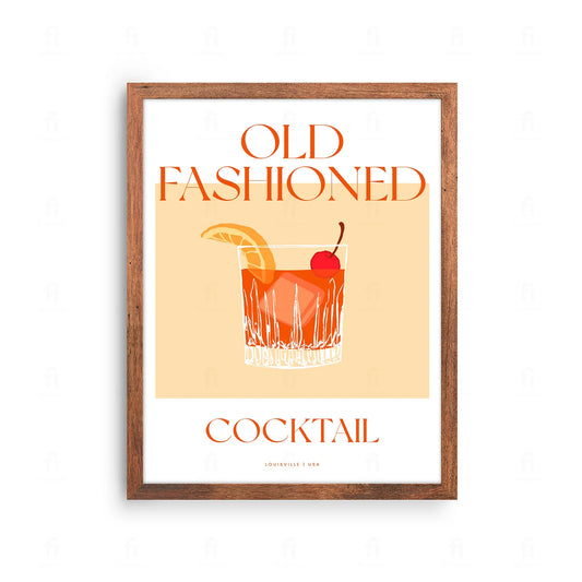 Plakat z klasyczną grafiką przedstawiającą koktajl Old Fashioned w niskiej szklance.
