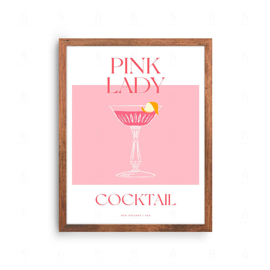 Plakat z elegancką grafiką przedstawiającą różowy koktajl Pink Lady w kieliszku koktajlowym.
