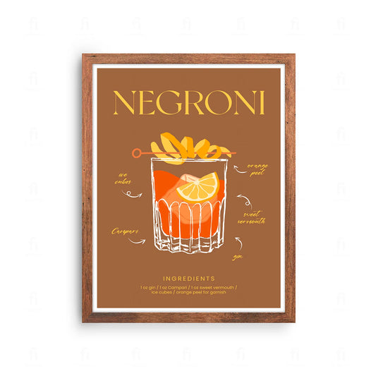 Plakat z grafiką w stylu retro przedstawiającą przepis na włoski koktajl Negroni.
