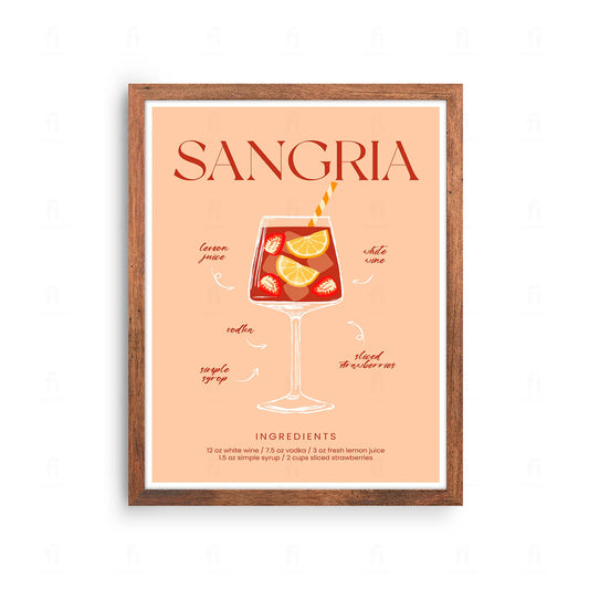 Plakat z grafiką w stylu retro przedstawiającą przepis na koktajl Sangria.
