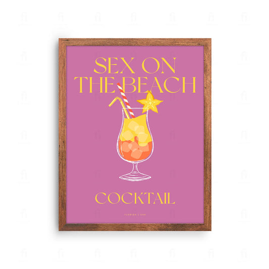 Plakat z kolorową, wakacyjną grafiką przedstawiającą koktajl Sex on the Beach.