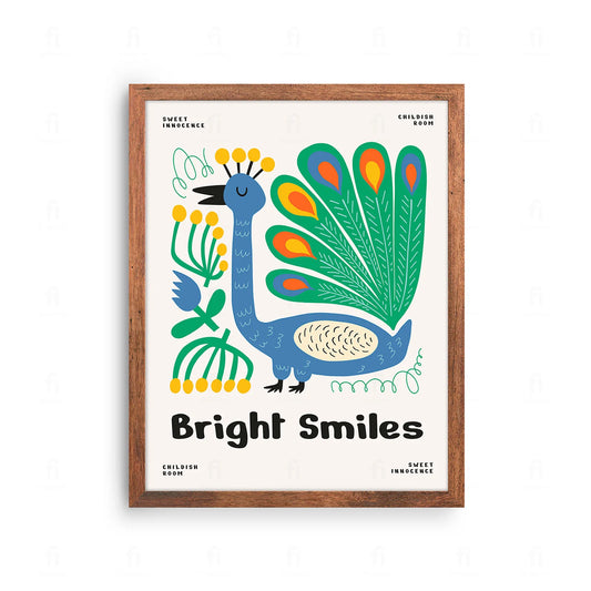  Plakat z radosną grafiką przedstawiającą pawia i napis "Bright Smiles" (Jasne Uśmiechy).
