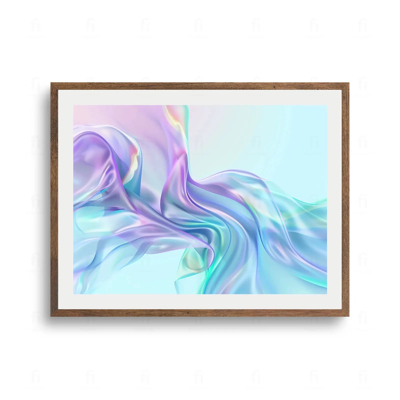 Abstrakcyjna grafika przedstawiająca falujący, gładki materiał przypominający jedwab w pastelowych, holograficznych odcieniach fioletu, błękitu i mięty.